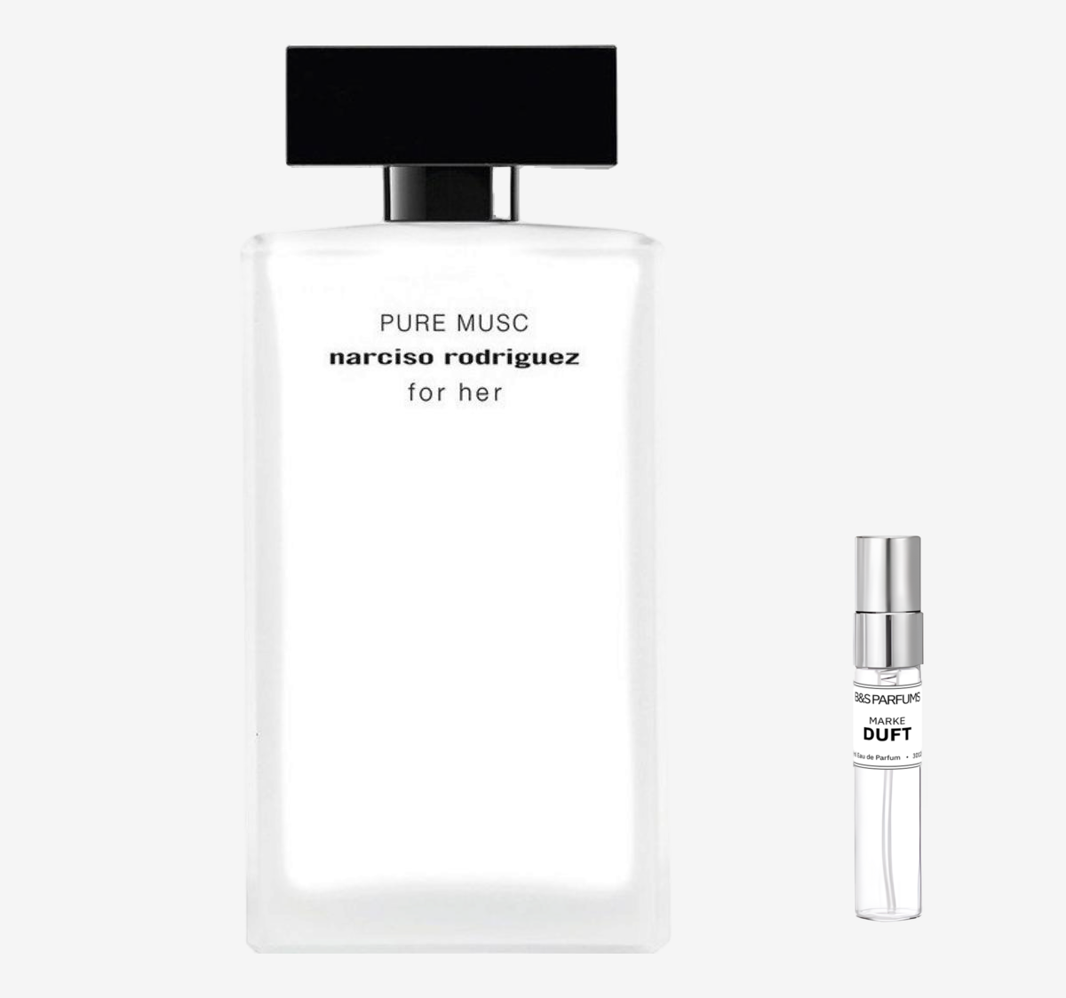 Narciso Rodriguez - For Her Pure Musc Flakon und Probenflakon nebendran