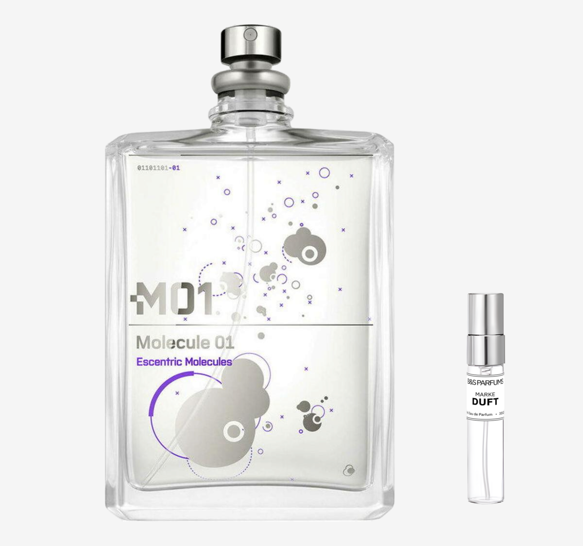Escentric Molecules - Molecule 01 Flakon und Probenflakon nebendran